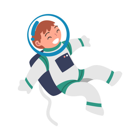 Space with Boy Astronaut Character in Spacesuit Floating Vector Illustrationのイラスト素材