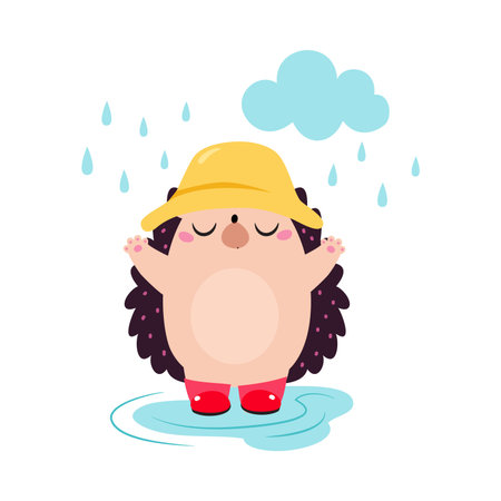 Cute Hedgehog in Rainy Day Walking in Hat and Rubber Boots Vector Illustrationのイラスト素材