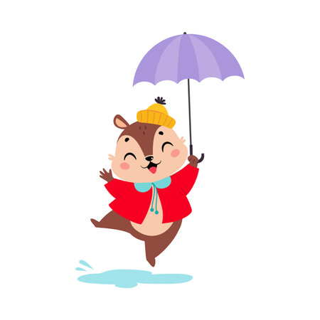 Cute Chipmunk in Rainy Day Walking with Umbrella Vector Illustrationのイラスト素材