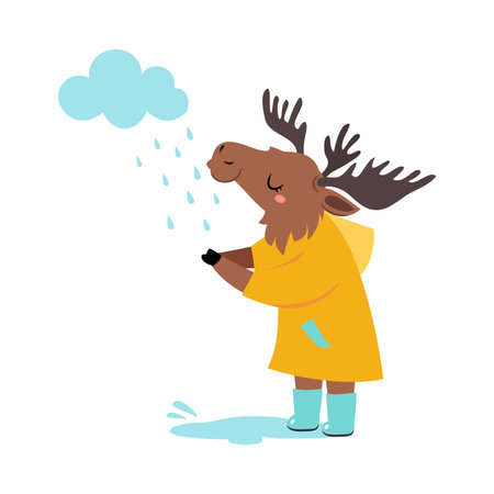 Cute Elk in Rainy Day Walking in Raincoat and Rubber Boots Vector Illustrationのイラスト素材