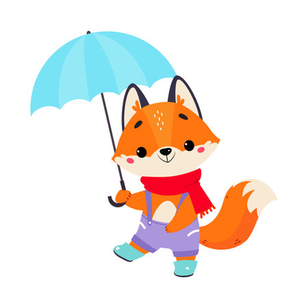 Cute Fox in Rainy Day Walking with Umbrella Vector Illustrationのイラスト素材