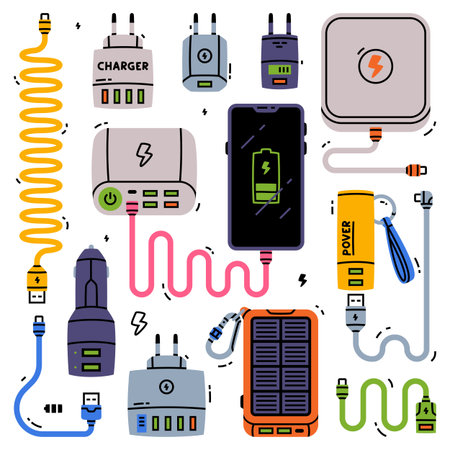 Battery Charger and Recharger as Device Storing Energy Vector Setのイラスト素材
