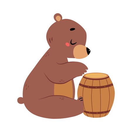 Cute Bear Character with Rounded Ears Sitting with Wooden Barrel Vector Illustrationのイラスト素材