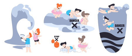 Little Children Swimming in Sea in Dangerous Situation with Big Wave Vector Setのイラスト素材