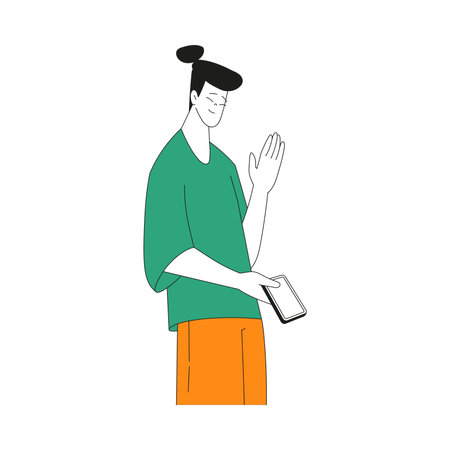 Smiling Man Character with Smartphone Waving Hand as Positive Hand Gesture Vector Illustration