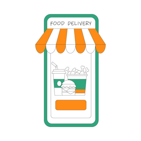 Food Delivery Order with Smartphone Application Screen with Awning Vector Illustrationのイラスト素材
