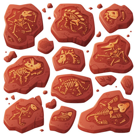 Fossils Obtained by Digging Rested in Soil or Ground Vector Setのイラスト素材