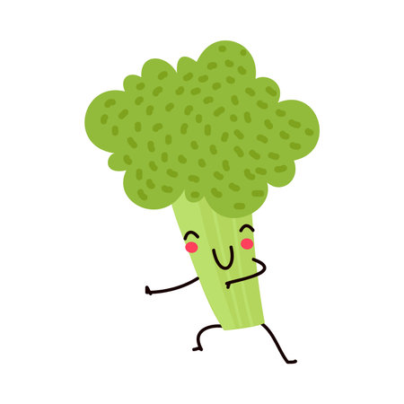 Funny Green Broccoli Vegetable Character Dancing with Cute Smiling Face Vector Illustrationのイラスト素材