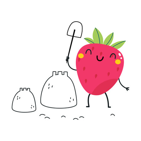 Funny Red Strawberry Fruit Character Build Sand Castle Enjoying Vacation Vector Illustrationのイラスト素材