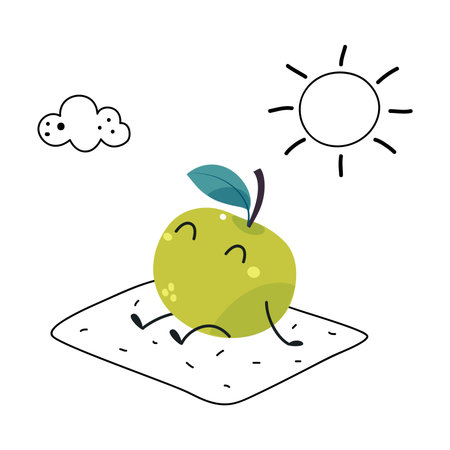 Funny Green Apple Fruit Character Sunbathing Enjoying Vacation Vector Illustrationのイラスト素材