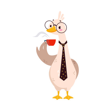 Funny Goose Character in Glasses and Tie Drink Coffee Vector Illustrationのイラスト素材