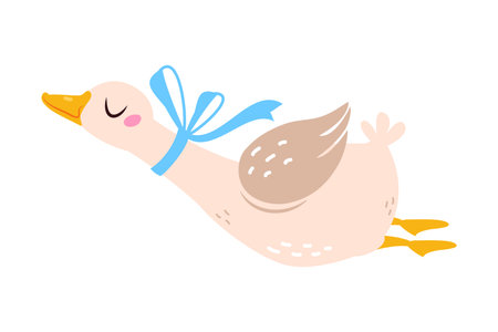 Funny Goose Character Flying with Ribbon Bow on Neck Vector Illustrationのイラスト素材