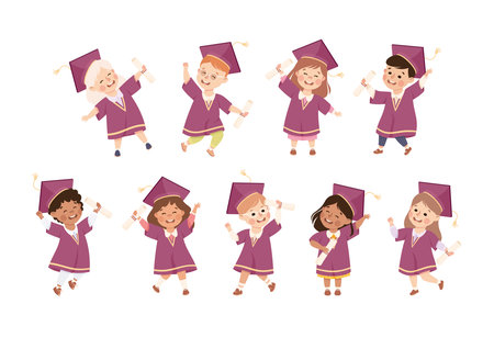 Kids Graduating Wear Purple Gown and Graduation Cap Vector Setのイラスト素材