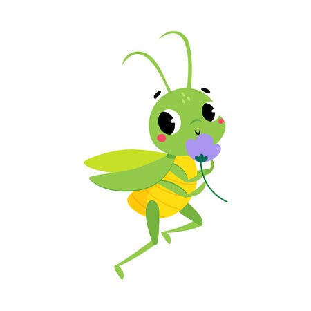 Cute Green Grasshopper Character Smell Flower Vector Illustratioのイラスト素材