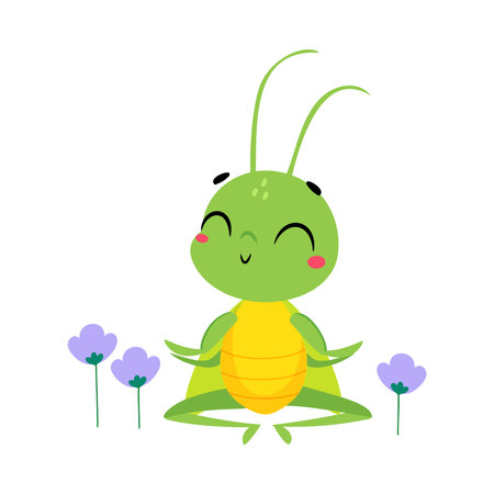 Cute Green Grasshopper Character Sit in Lotus Pose Meditate Vector Illustrationのイラスト素材