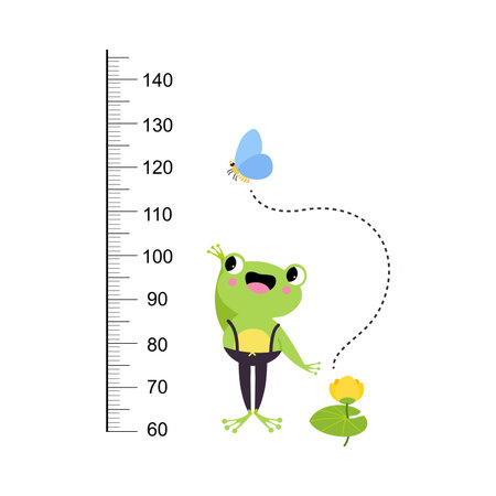 Growth Ruler with Cute Frog Animal at Kids Height Meter Vector Illustrationのイラスト素材