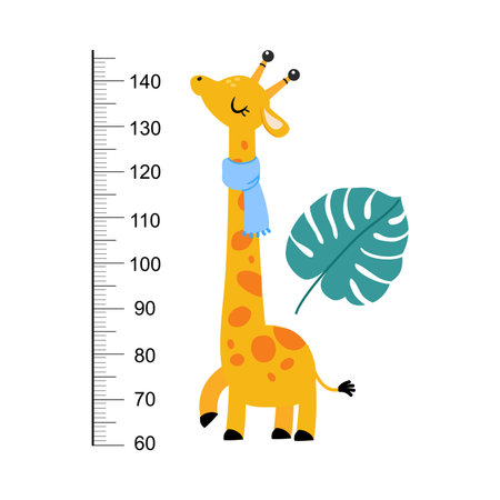 Growth Ruler with Cute Giraffe Animal at Kids Height Meter Vector Illustrationのイラスト素材