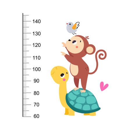 Growth Ruler with Cute Turtle and Monkey Animal at Kids Height Meter Vector Illustrationのイラスト素材