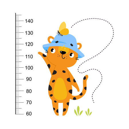 Growth Ruler with Cute Leopard Animal at Kids Height Meter Vector Illustrationのイラスト素材