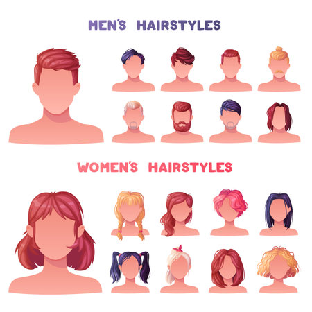 Man and Woman Hairstyles Stylish Types with Head and Neck Portrait Vector Setのイラスト素材