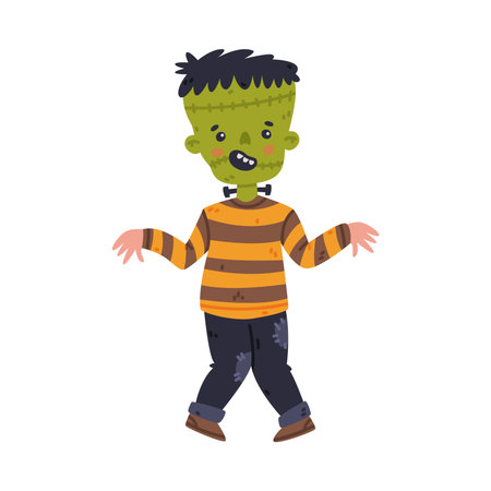 Happy Green Zombie Boy at Halloween Party in Costume Vector Illustrationのイラスト素材