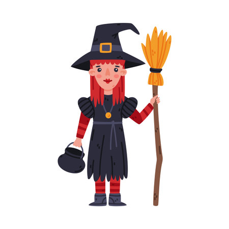 Happy Girl at Halloween Party Standing in Witch Costume with Broom Vector Illustrationのイラスト素材