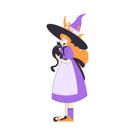 Happy Woman Witch at Halloween Party Standing in Pointed Purple Hat and Black Cat Vector Illustrationのイラスト素材