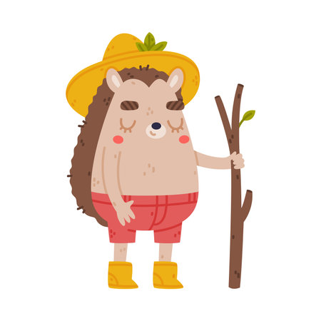 Cute Hedgehog Character in Hat and Shorts Stand with Stick Vector Illustrationのイラスト素材