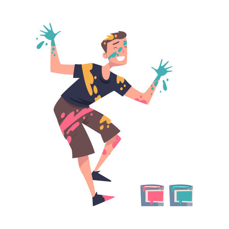 Happy Man Character in Color Paints with Stains on Clothes Having Fun Vector Illustrationのイラスト素材