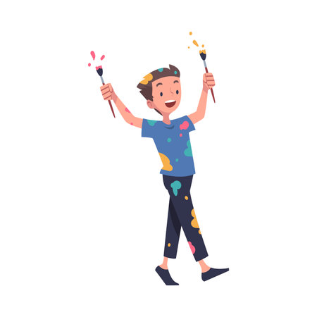 Happy Boy in Color Paints with Stains on Clothes Having Fun Vector Illustrationのイラスト素材