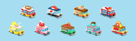 Street Food Trucks and Vehicles Isometric Icons Vector Setのイラスト素材