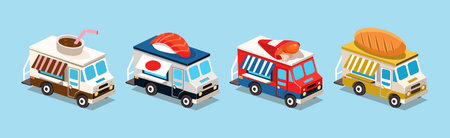 Street Food Trucks and Vehicles Isometric Icons Vector Setのイラスト素材