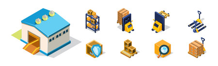 Warehouse Objects with House and Cardboard Box on Shelves Isometric Vector Setのイラスト素材