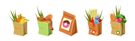 Bag Full of Various Products and Vegetables Vector Setのイラスト素材