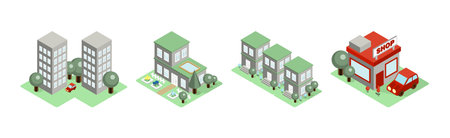 Isometric City Buildings with Yard Tree and Shop Vector Set