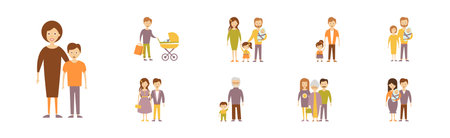 Happy Families with Smiling Parent and Kids Vector Setのイラスト素材