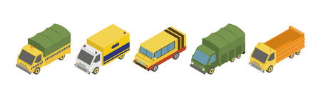 Lorry and Truck Freight Industrial Transport Isometric Vector Setのイラスト素材
