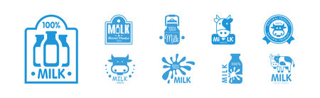 Blue Milk Label and Badge Design Vector Setのイラスト素材