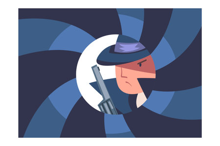 Man Spy Character in Black Coat and Hat with Handgun Investigating Vector Illustrationのイラスト素材