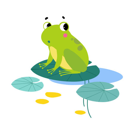 Happy Green Frog with Protruding Eyes Sitting on Pad Vector Illustrationのイラスト素材