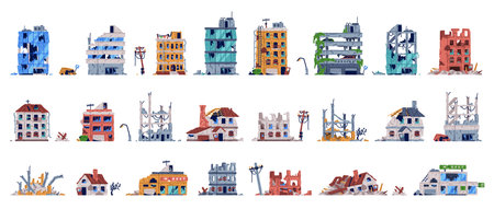 Destroyed Buildings and Broken Ruined Houses Vector Setのイラスト素材