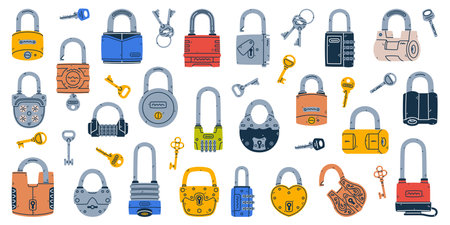 Different Metal Locks and Key as Mechanical Fastening Device Vector Set