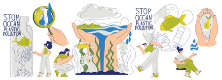 Eco Friendly Life with Man and Woman Character Care of Ocean and Ecosystem Vector Setのイラスト素材