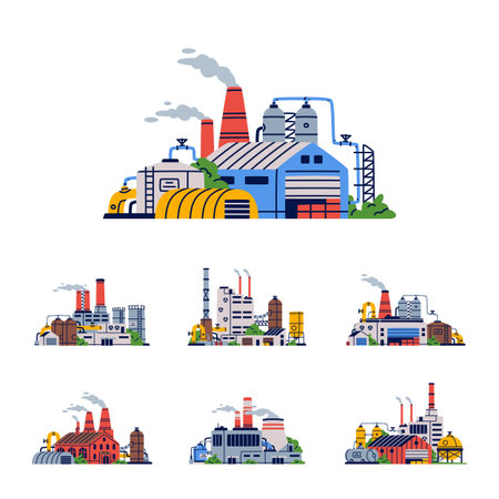Factory and Plant Building as Industrial Complex with Pipe and Chimney Vector Setのイラスト素材