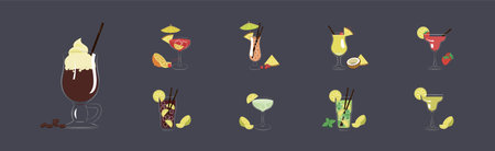 Cocktail Glasses with Straw and Citrus Slice Vector Setのイラスト素材