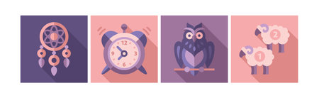 Sleep Time Flat Icons and Object in Square Shape Vector Setのイラスト素材