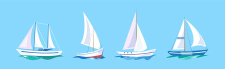 Yacht and Boat Sailing in Blue Sea Water Vector Setのイラスト素材