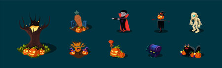 Halloween Holiday Creepy and Scary Object Vector Setのイラスト素材