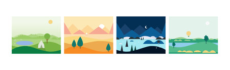 Flat Landscapes View and Picture as Game Background Vector Setのイラスト素材