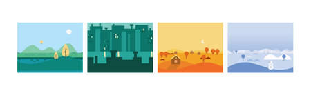 Flat Landscapes View and Picture as Game Background Vector Set